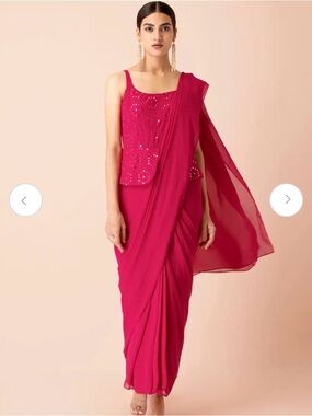 Fuchsia peplum mirror work embroidered saree NWT HOUSE OF INDYA